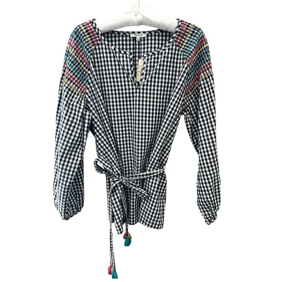 MADEWELL | Black Gingham Peasant Top Embroidered Sleeves Tassel Tie NWT | XL - Picture 2 of 9